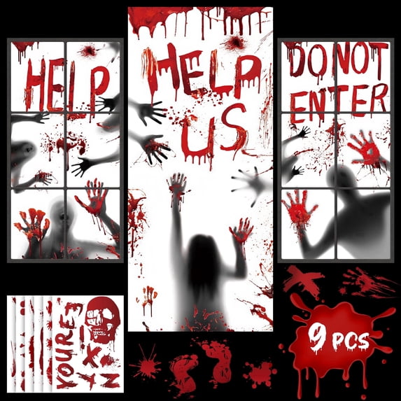 HiberyHom Bloody Halloween Window Clings , Bloody Handprints and Haunted House Door Cover Halloween Decor, Halloween Party Supplies