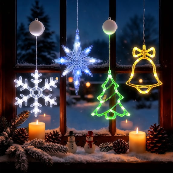 HiberyHom 4 Pack Christmas Window Lights, Battery Operated Christmas Lights with Timer Function, Christmas Decoration Indoor