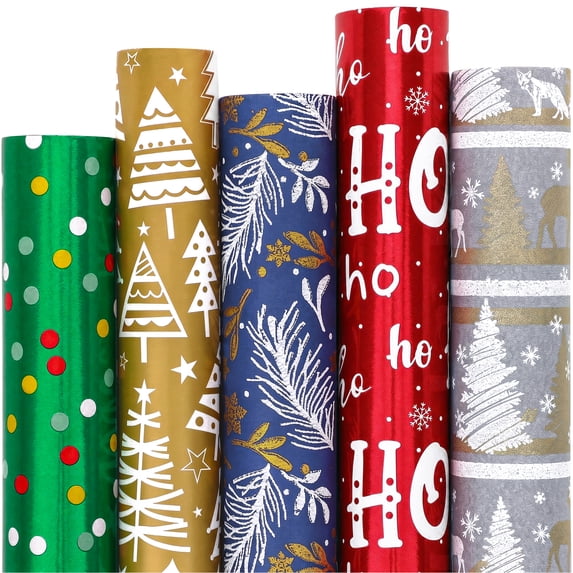 HiberyHom 5 Rolls Christmas Wrapping Paper, Gift Paper Wrap with Classic Christmas Design, Gift Wrap for Xmas Winter Holiday, 17 in x 120 in Per Roll