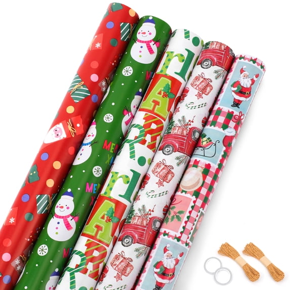 HiberyHom Christmas Wrapping Paper Rolls, 5 Rolls Wrapping Paper with Snowmen Christmas Trees Gift Boxes Merry Christmas, 17 in x 120 in Per Roll