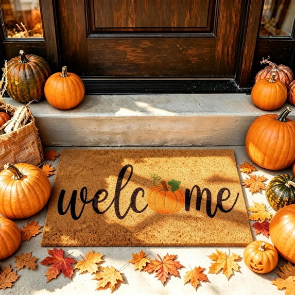 HiberyHom Fall Door Mat, Pumpkin Maple Leafs Fall Welcome Mat, Non Slip Fall Rugs for Porch Patio Home, 30 x 17 Inch
