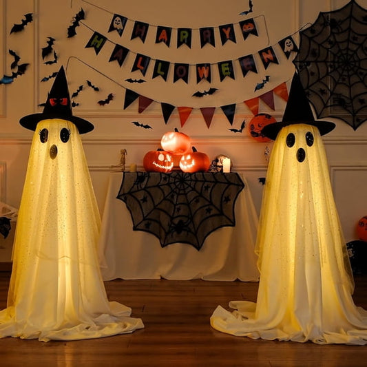 HiberyHom Halloween Decorations Outdoor, 2 Packs Cute Halloween Decorations Indoor, DIY Ghost Kit Decor with Witch Hat Remote Control String Lights for Porches Yards Gardens Decorations