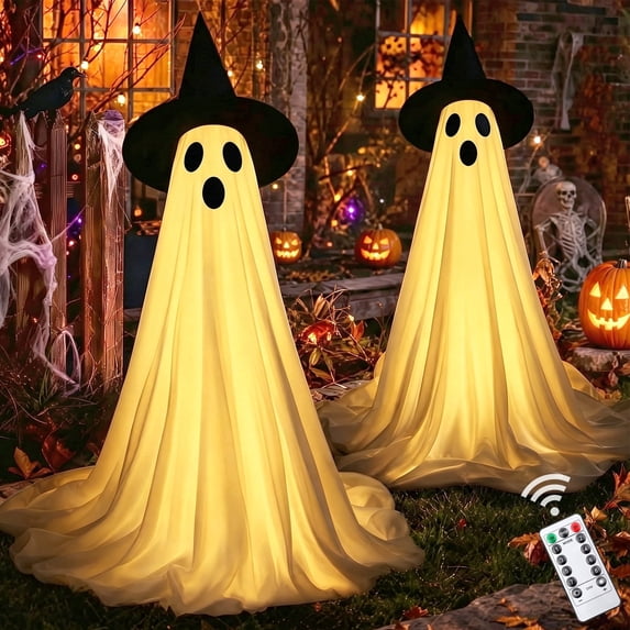 HiberyHom Halloween Decorations Outdoor, 2 Packs Cute Halloween Decorations Indoor, DIY Ghost Kit Decor with Witch Hat Remote Control String Lights for Porches Yards Gardens Decorations