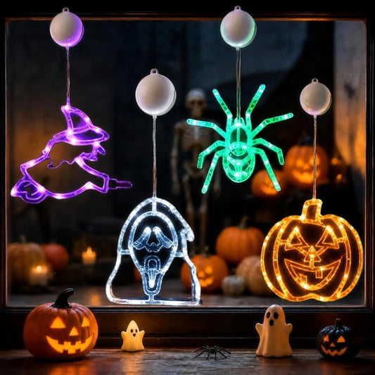HiberyHom Halloween Lights, 4 Pack Witch Pumpkin Spider Grimace Halloween Decor Lights, Battery Operated Window Lights with Timer