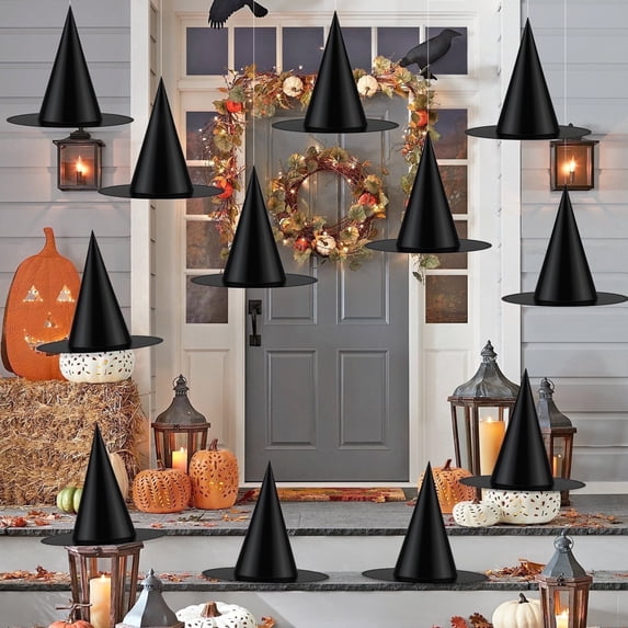HiberyHom Halloween Witch Hats, 12 Pcs 15 inch Black Witch Hats with 328 ft Rope Hanging Halloween Decorations for Porch Yard Party