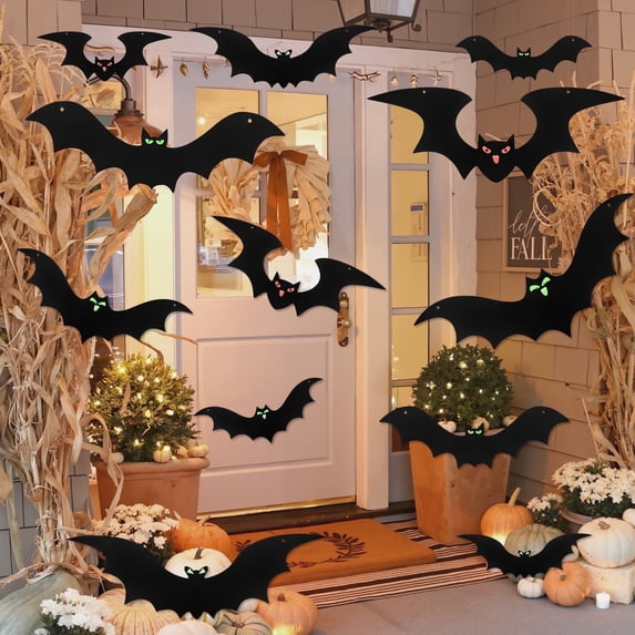 HiberyHom 24 Pack Hanging Bats Halloween Decorations Outdoor, Waterproof Black Plastic Bats 3 Different Sizes with Glowing Eyes Stickers, Bat Decorations Perfect for Halloween Hanging Tree Decor