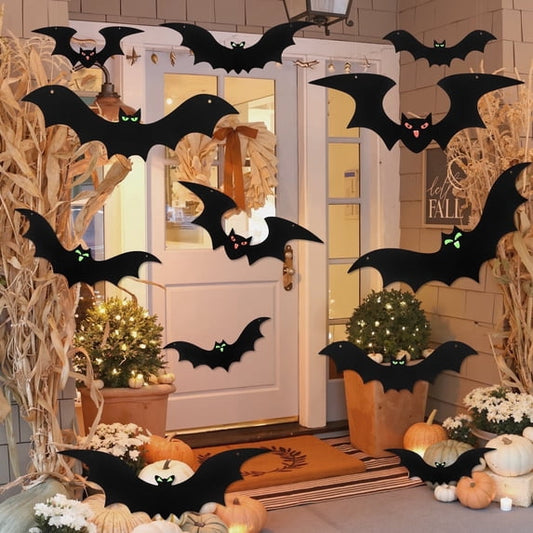 HiberyHom 24 Pack Hanging Bats Halloween Decorations Outdoor, Waterproof Black Plastic Bats 3 Different Sizes with Glowing Eyes Stickers, Bat Decorations Perfect for Halloween Hanging Tree Decor