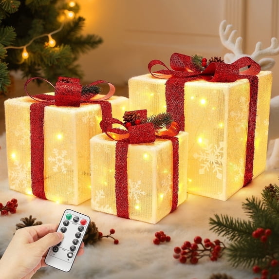 HiberyHom Set of 3 Christmas Lighted Gift Boxes, Warm White LED Light up Xmas Ornaments, Christmas Tree Decorations for Indoor Outdoor Xmas Decor