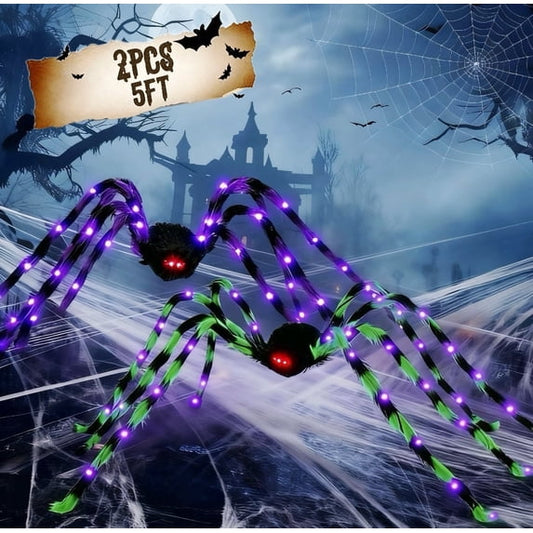 HiberyHom Halloween Decorations Outdoor, 5Ft Giant Spider Light Up Spider, 2 Pack Scary Large Halloween Spider Decor for Home Party Favor Yard Decor