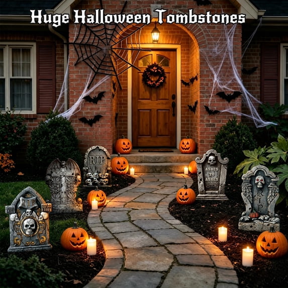 HiberyHom 25.6 Inch Halloween Tombstones, 5 Pcs Large Headstones for Graves with Stakes, Realistic Scary Cemetery Headstones for Halloween Outdoor Decor