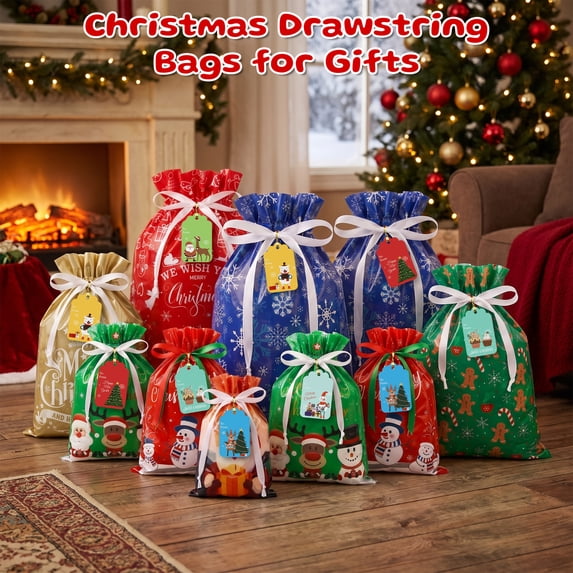 HiberyHom 24 Pcs Christmas Bags, Assorted Size Drawstring Christmas Bags for Gifts Wrapping Party Favors