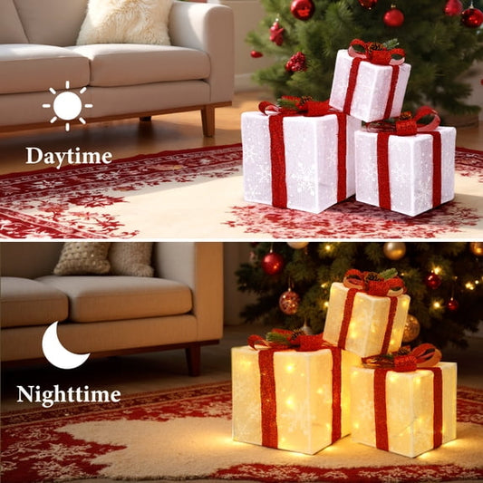 HiberyHom Set of 3 Christmas Lighted Gift Boxes, Warm White LED Light up Xmas Ornaments, Christmas Tree Decorations for Indoor Outdoor Xmas Decor