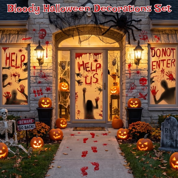 HiberyHom Bloody Halloween Window Clings , Bloody Handprints and Haunted House Door Cover Halloween Decor, Halloween Party Supplies
