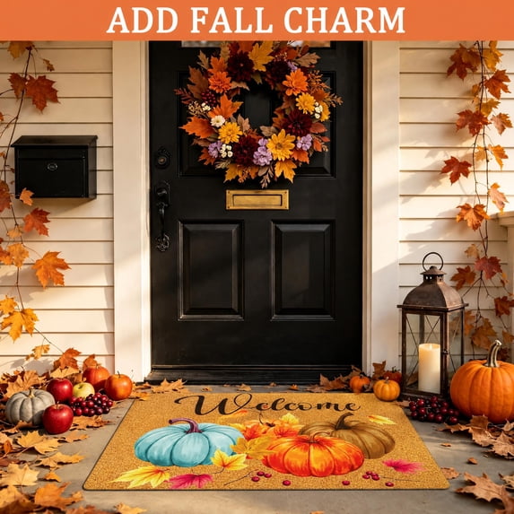 HiberyHom Pumpkin Fall Doormat, Fall Welcome Mat with Non-Slip Backing , Outdoor Indoor Doormat, 18 x 30 Inch