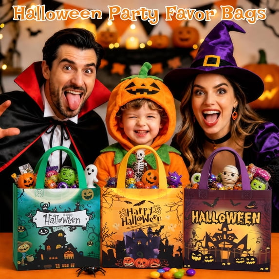 HiberyHom 16 PCS Halloween Trick or Treat Bags, Non-Woven Halloween Bags with Handles, Reusable Halloween Gift Bags for Holiday Party Candy Favors