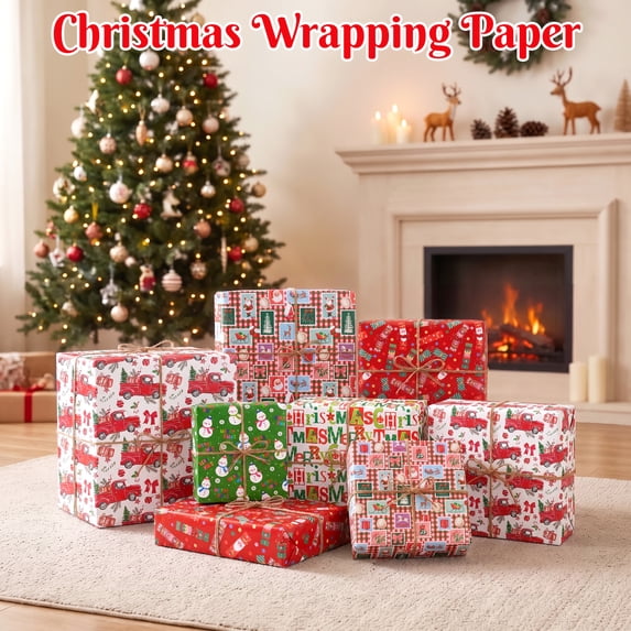 HiberyHom Christmas Wrapping Paper Rolls, 5 Rolls Wrapping Paper with Snowmen Christmas Trees Gift Boxes Merry Christmas, 17 in x 120 in Per Roll