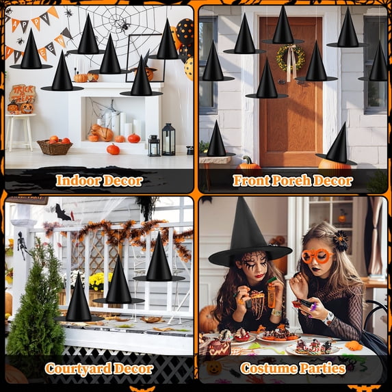 HiberyHom Halloween Witch Hats, 12 Pcs 15 inch Black Witch Hats with 328 ft Rope Hanging Halloween Decorations for Porch Yard Party